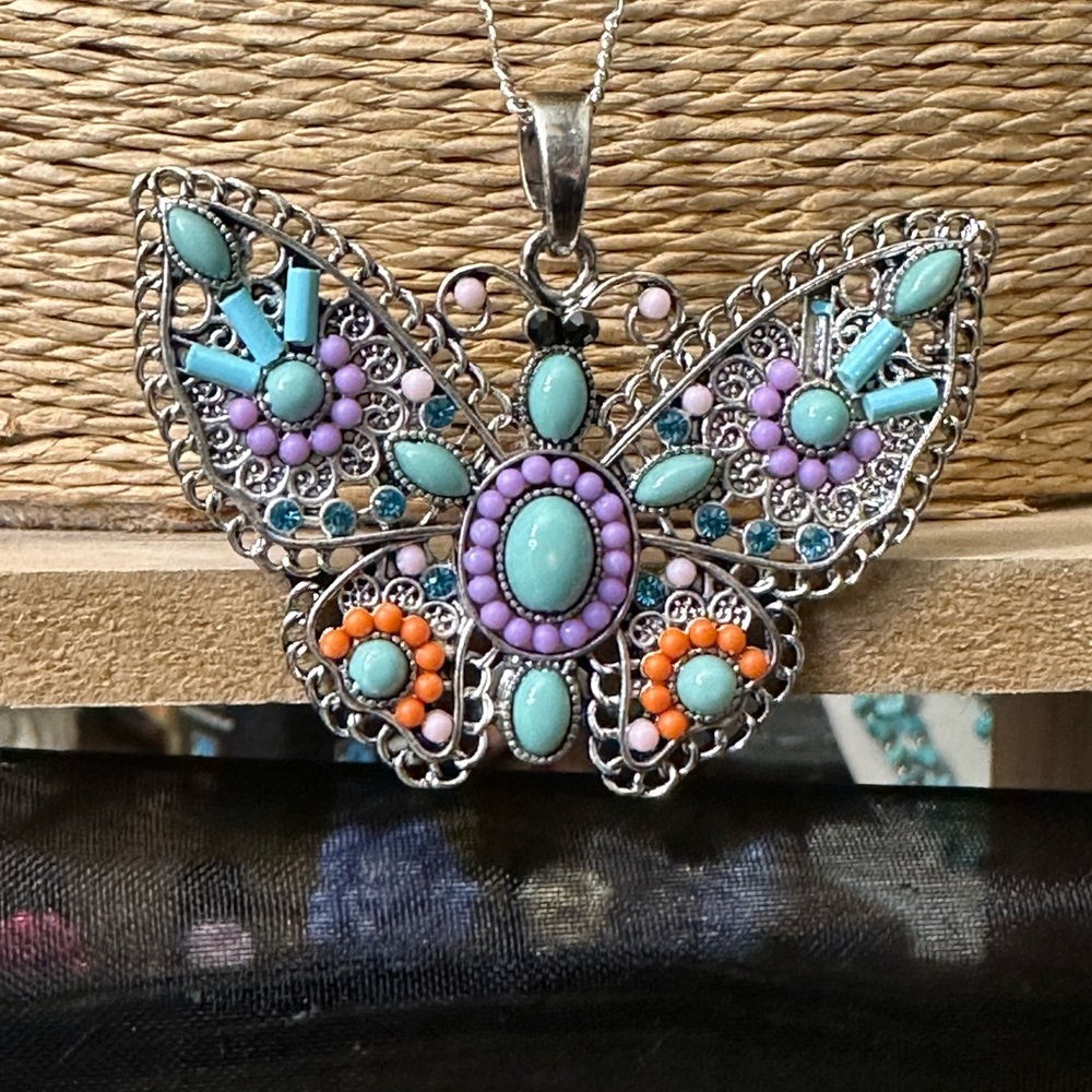 Upcycled Butterfly Pendant Necklace 32”